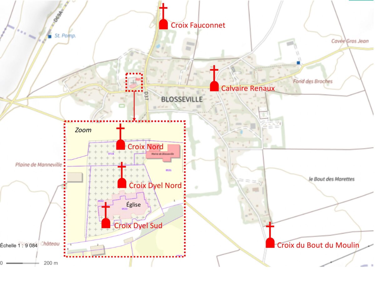 Plan des Croix et calvaires lieux d'intérêt à Blosseville-sur(Mer