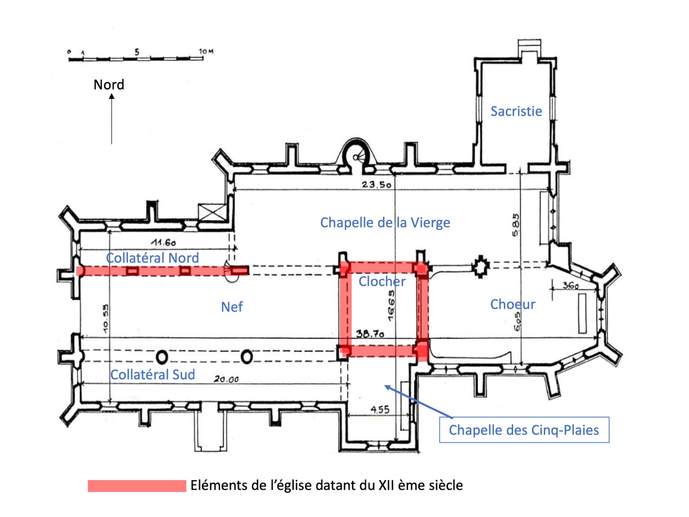 Plan intérieur avec figuration des éléments du XIIe siècle