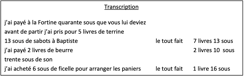 Transcription de l'extrait de la lettre de 1793 sur les achats