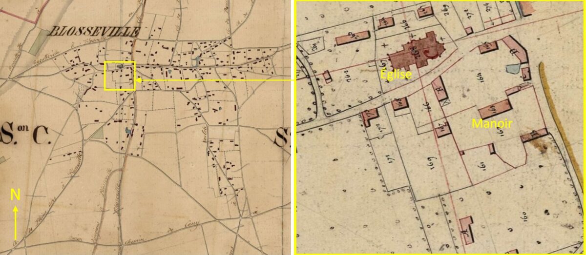 Extrait du cadastre napoléonien de 1827 de Blosseville sur mer. Figure l'emplacement du manoir Arnois de Captot