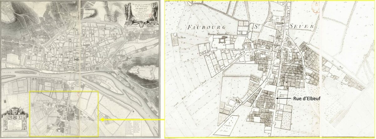 Plan de Rouen de 1791, dit de Crosne avec encadrement du Faubourg Saint-Sever + Zoom sur le Faubourg Saint Sever