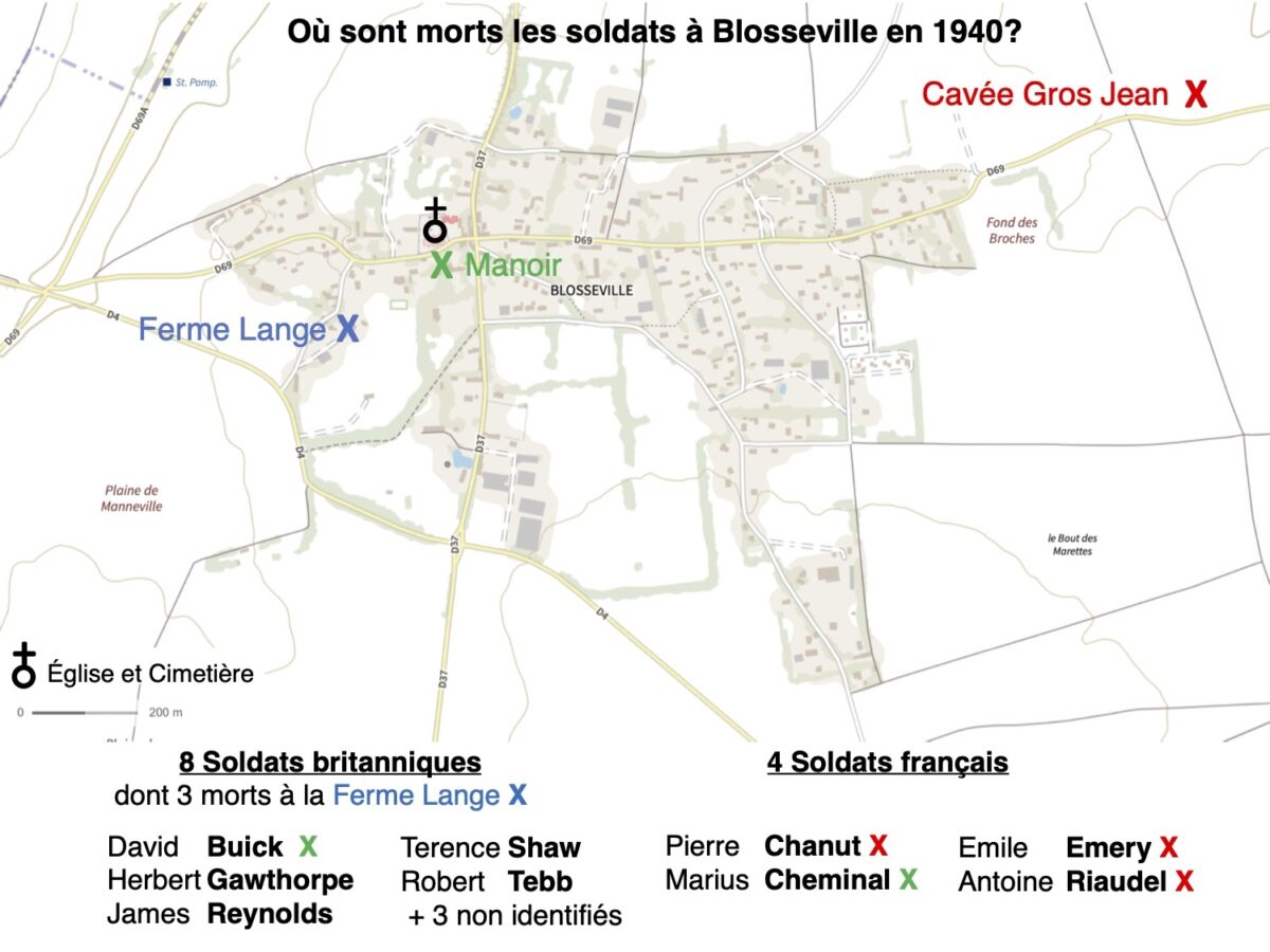 Situe les emplacements des décès des soldats à Blosseville en 1940