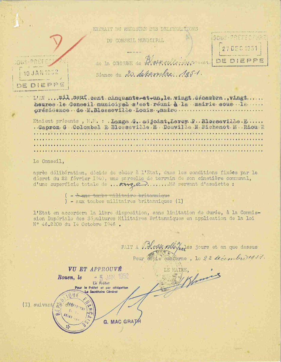 Témoignage du transfert de la propriété d'une parcelle du cimetière à l'Etat pour les tombes britanniques