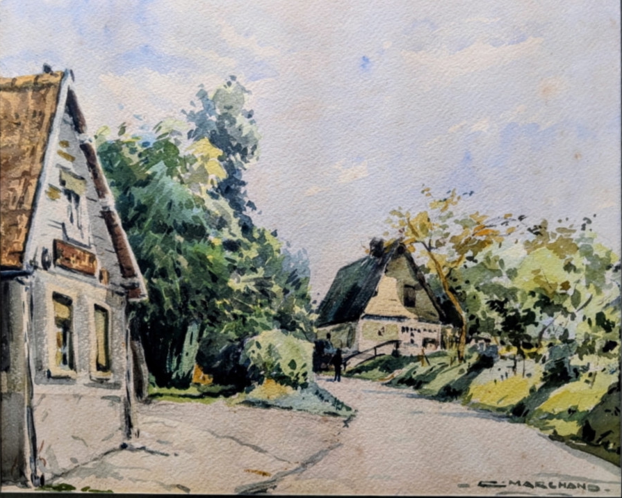 Aquarelle de Camille Marchand avec la Café Guerville et la maison Leddet